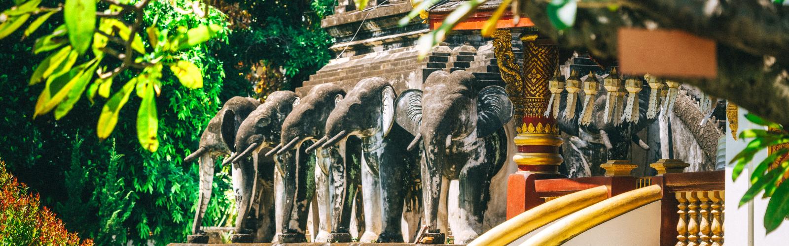 Stone elephant statues along a building's facade.